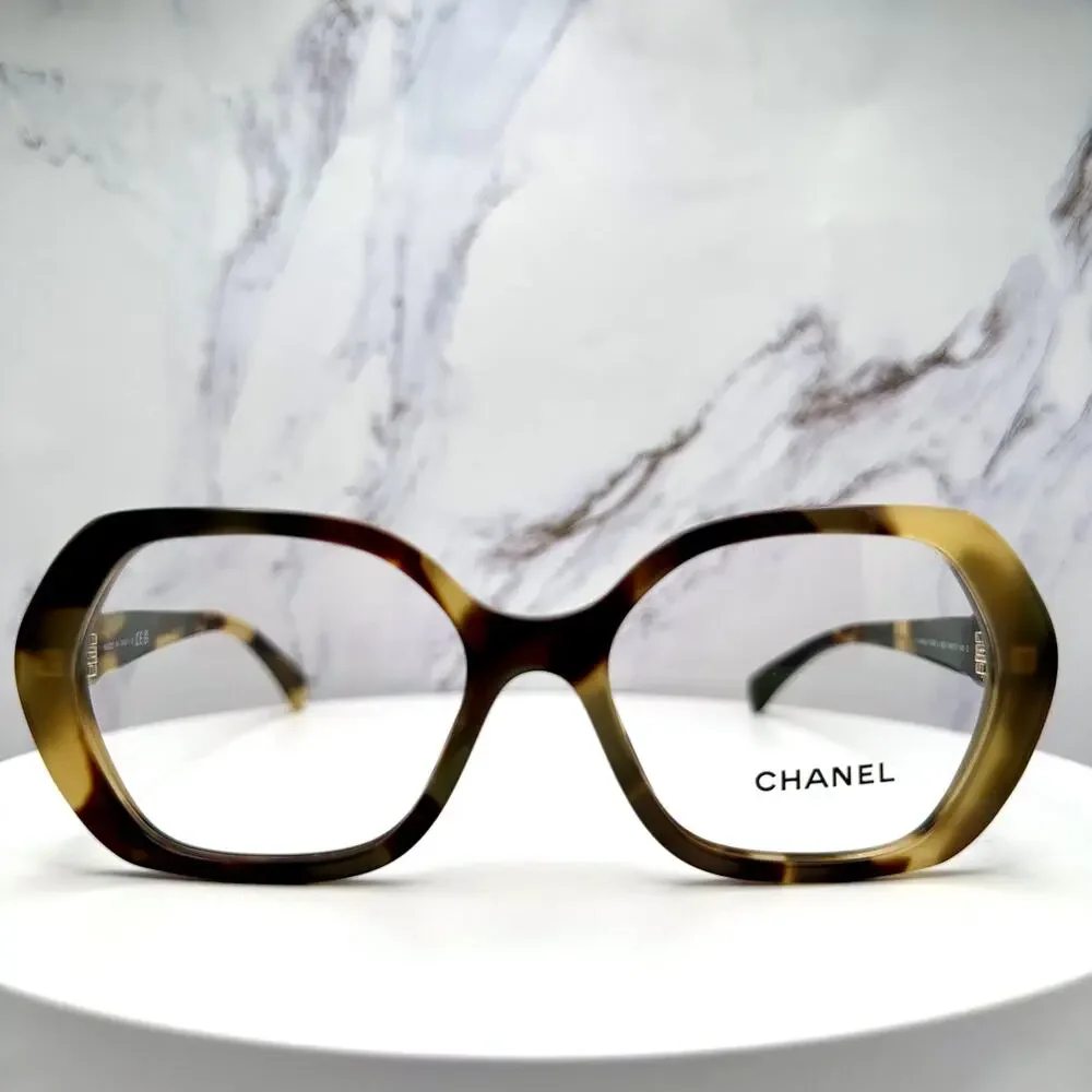 New CHANEL Eyeglasses Brown Gold Chain CC Square Acetate Womens - Picture 2 of 16